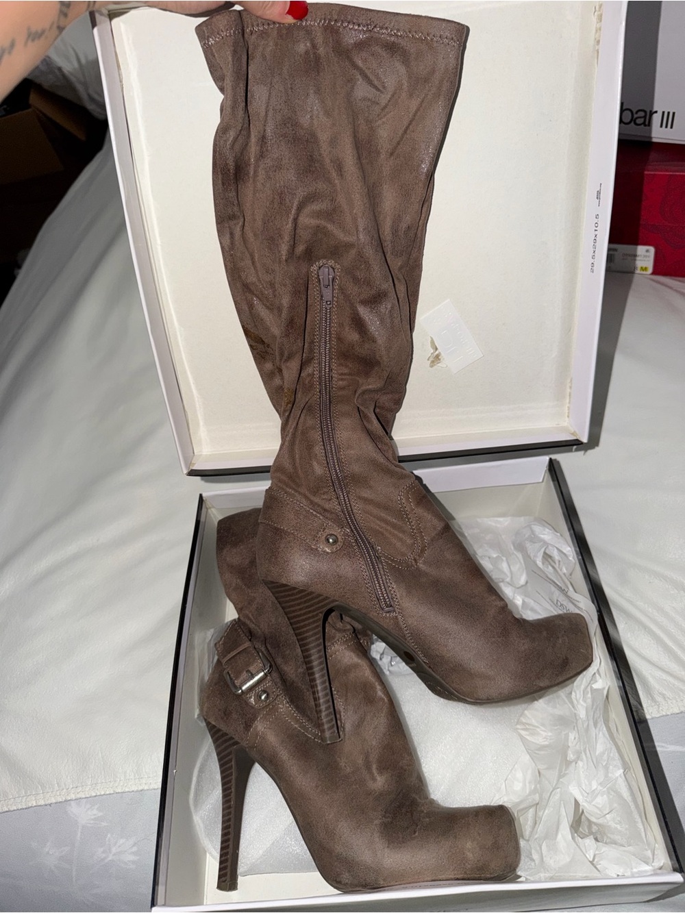 BCBGeneration Brown High Heel Mid-Calf Boots with Buckle
